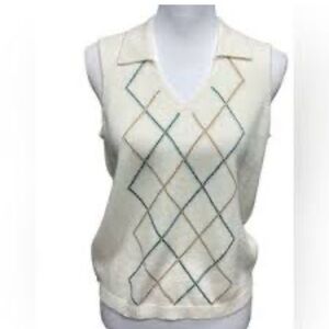 Izod Vintage Argyle Sweater Vest - Cream/Green/Tan - Size Small